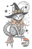 witch cat with moon and stars and colorful mushrooms trippy  tattoo design idea