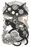  colorful mushroom black cat with sun and moon  tattoo design idea