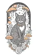 black cat with 3 eyes with colorful mushrooms and crescent moon and clouds and stars tattoo design idea