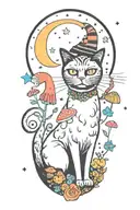 black cat with 3 eyes with colorful mushrooms and crescent moon and clouds and stars tattoo design idea