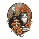 hippie cat and mushrooms  tattoo design idea