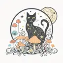 black cat and colorful mushrooms with moon and stars tattoo design idea