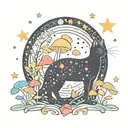 black cat and colorful mushrooms with moon and stars tattoo design idea