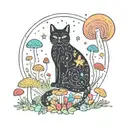 black cat and colorful mushrooms with moon and stars tattoo design idea