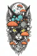 black cat with 3 eye balls and trippy colorful mushrooms with moon melting  tattoo design idea