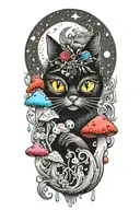 black cat with 3 eye balls and trippy colorful mushrooms with moon melting  tattoo design idea
