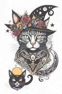 witch cat with moon and stars and colorful mushrooms trippy  tattoo design idea