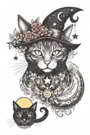 witch cat with moon and stars and colorful mushrooms trippy  tattoo design idea