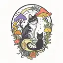 moon with black witch cat and colorful mushrooms growing tattoo design idea