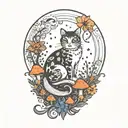 moon with black witch cat and colorful mushrooms growing tattoo design idea