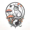 moon with black witch cat and colorful mushrooms growing tattoo design idea