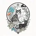 moon with black witch cat and colorful mushrooms growing tattoo design idea
