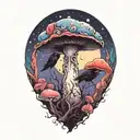 colorful mushroom with ravens and moon tattoo  tattoo design idea