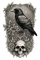 raven and crystals with skull tattoo design idea