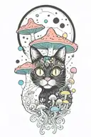 black cat with 3 eye balls and trippy colorful mushrooms with moon melting  tattoo design idea