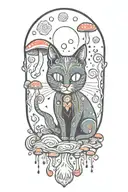 black cat with 3 eye balls and trippy colorful mushrooms with moon melting  tattoo design idea