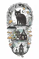 black cat with colorful mushrooms and crescent moon and clouds and stars melting  tattoo design idea
