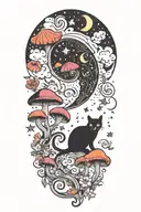 black cat with colorful mushrooms and crescent moon and clouds and stars melting  tattoo design idea