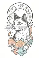 black cat with 3 eyes with colorful mushrooms and crescent moon and clouds and stars and sun tattoo design idea