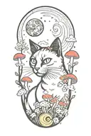 black cat with 3 eyes with colorful mushrooms and crescent moon and clouds and stars and sun tattoo design idea