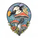 colorful mushroom with ravens and moon tattoo  tattoo design idea