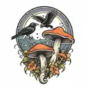 colorful mushroom with ravens and moon tattoo  tattoo design idea