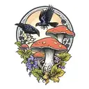 colorful mushroom with ravens and moon tattoo  tattoo design idea