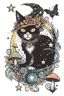 witch cat with moon and stars and colorful mushrooms trippy  tattoo design idea