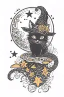 witch cat with moon and stars and colorful mushrooms trippy  tattoo design idea