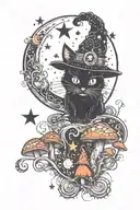 witch cat with moon and stars and colorful mushrooms trippy  tattoo design idea