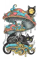 melting colorful mushroom black cat with moon tattoo design idea
