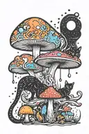 melting colorful mushroom black cat with moon tattoo design idea