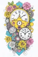 yellow submarine with colorful flowers and clock and rainbow  tattoo design idea
