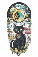 black cat with 3 eye balls and trippy colorful mushrooms with moon melting  tattoo design idea