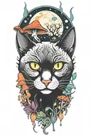 black cat with 3 eye balls and trippy colorful mushrooms with moon melting  tattoo design idea