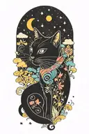 black cat with colorful mushrooms and crescent moon and clouds and stars melting  tattoo design idea