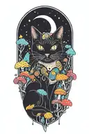 black cat with colorful mushrooms and crescent moon and clouds and stars melting  tattoo design idea