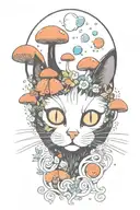 black cat with 3 eye balls and trippy colorful mushrooms with moon melting  tattoo design idea