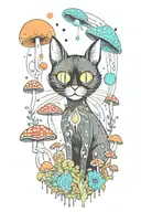 black cat with 3 eye balls and trippy colorful mushrooms with moon melting  tattoo design idea