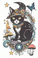witch cat with moon and stars and colorful mushrooms trippy  tattoo design idea