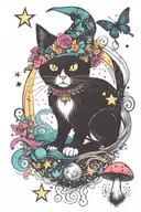 witch cat with moon and stars and colorful mushrooms trippy  tattoo design idea