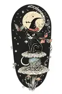 witch cat with moon and stars and colorful mushrooms and bats tattoo design idea