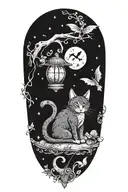 witch cat with moon and stars and colorful mushrooms and bats tattoo design idea