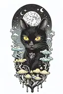 black cat with colorful mushrooms and crescent moon and clouds and stars melting  tattoo design idea
