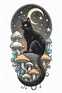 black cat with colorful mushrooms and crescent moon and clouds and stars melting  tattoo design idea