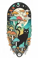 black cat and trippy colorful mushrooms with moon  tattoo design idea