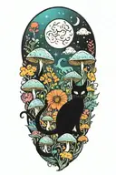 black cat and trippy colorful mushrooms with moon  tattoo design idea