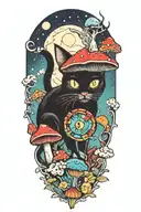 black cat with 3 eye balls and trippy colorful mushrooms with moon melting  tattoo design idea