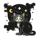 black cat and colorful mushrooms with moon and stars tattoo design idea