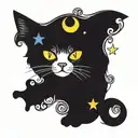 black cat and colorful mushrooms with moon and stars tattoo design idea